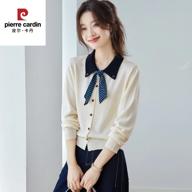 皮尔卡丹学院风2025年秋季新款针织衫上衣2025年女装娃娃领开衫漂