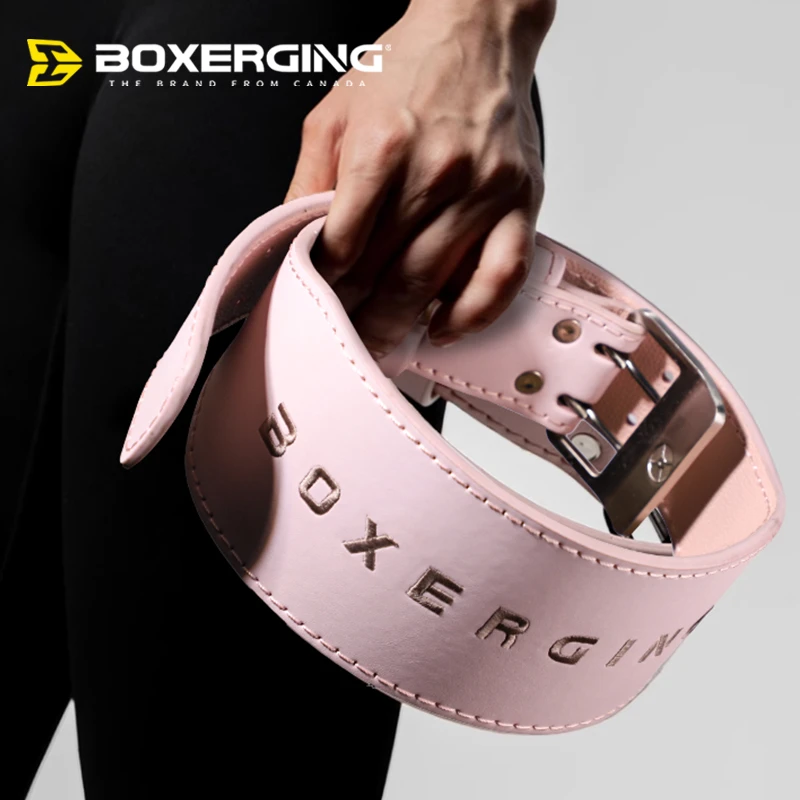 BOXERGING健身腰带女深蹲硬拉专业力量举重护腰带牛皮器械训练粉