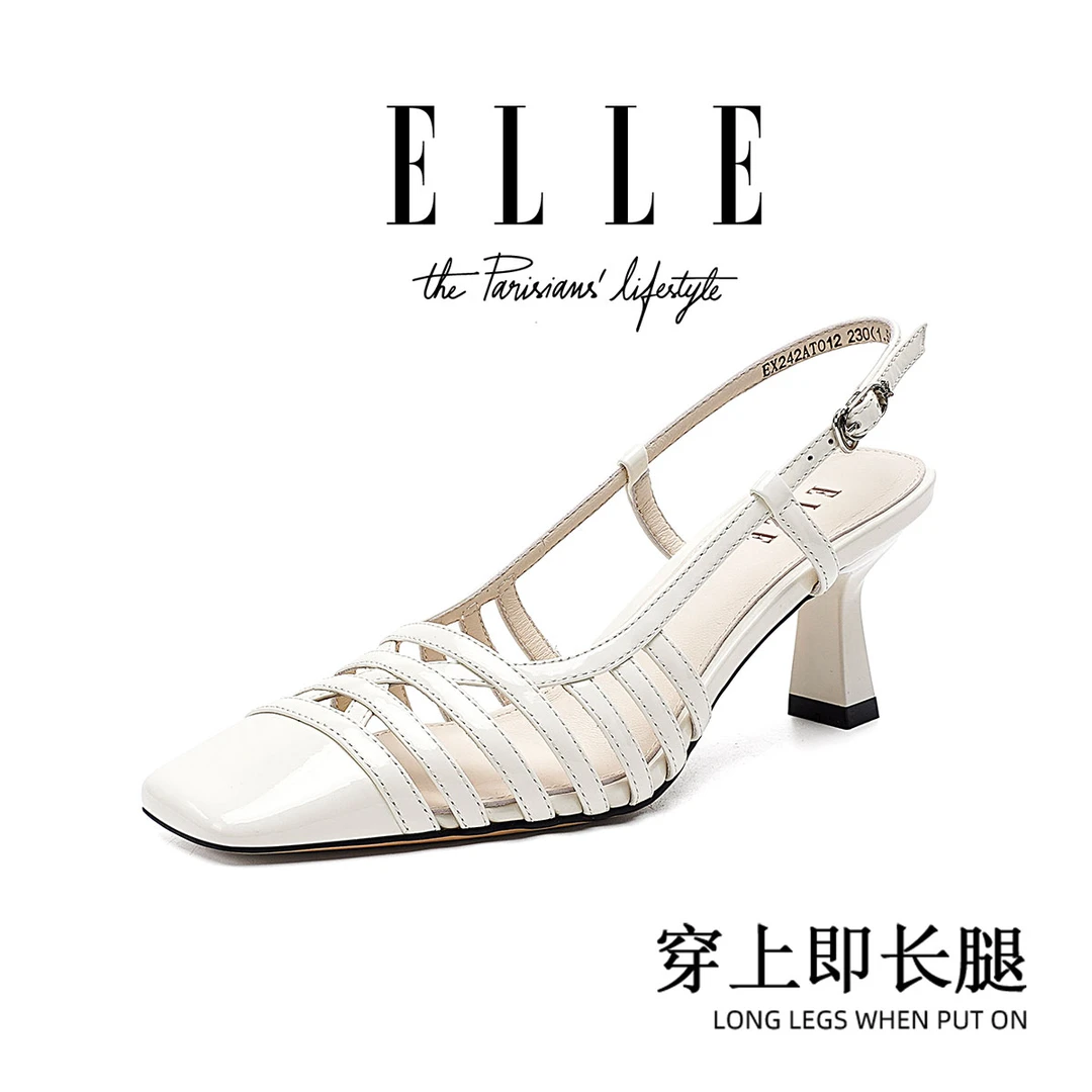 ELLE复古风编织包头罗马凉鞋女2025夏季外穿真皮高跟凉拖鞋猪笼鞋