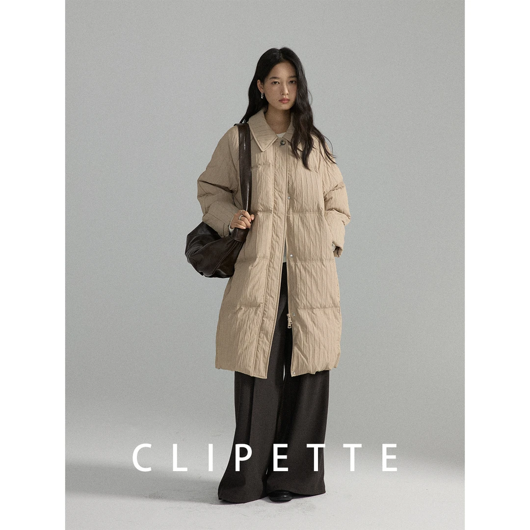 CLIPETTE 设计褶皱肌理感中长款加厚翻领面包羽绒服女小个子冬季