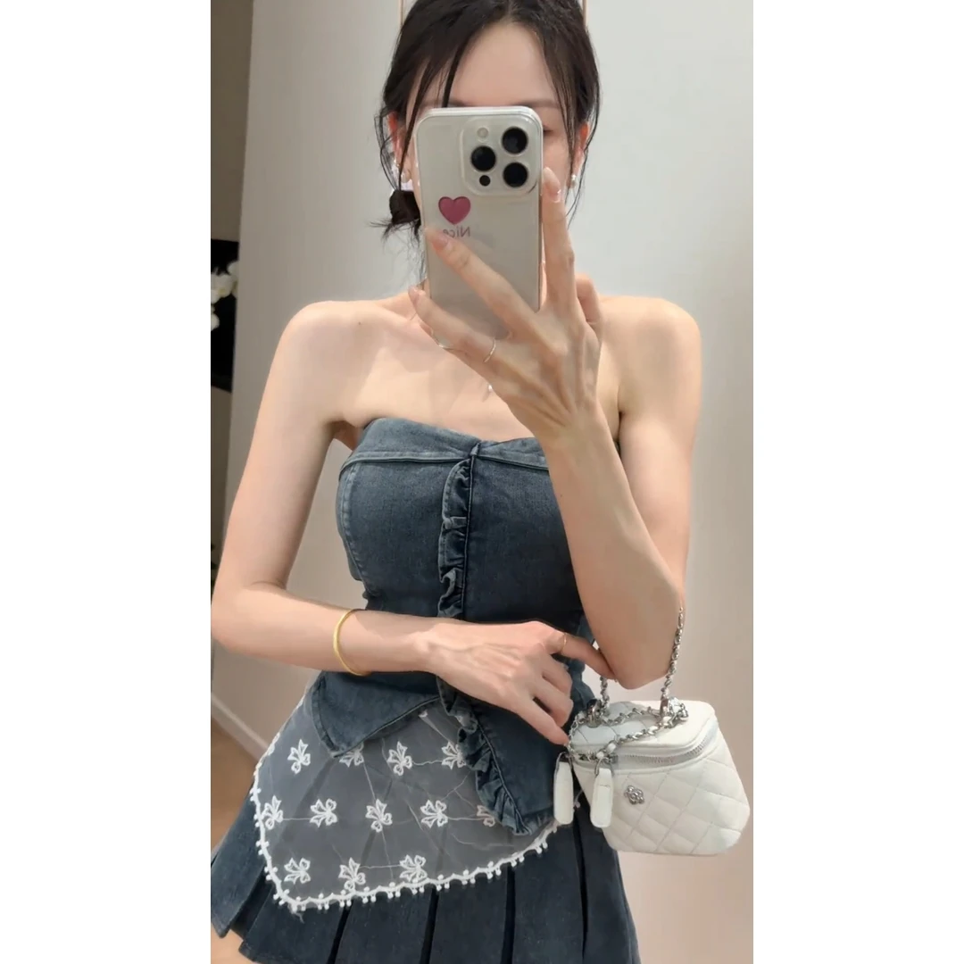 2025新款辣妹风复古港风性感风时尚套装牛仔短裙短款抹胸上衣修身