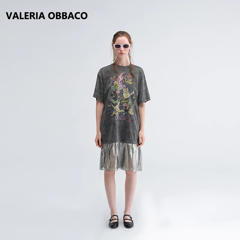 VALERIAOBBACO/瓦莱丽娅 奥贝科黑色复古涂鸦拼接短袖连衣裙女夏