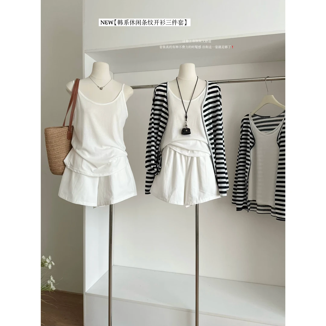 韩版休闲宽松背心+薄款条纹防晒衫+高腰显瘦短裤三件套女夏季套装