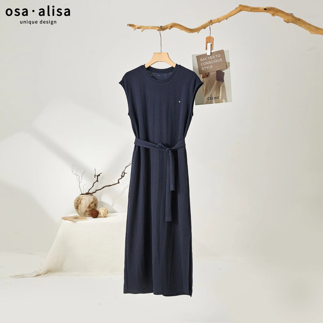 *夏季女士原布腰带小飞袖连衣裙12889