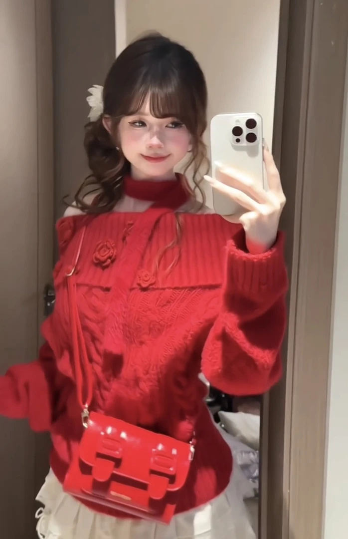 红绫梦 慵懒风新年红色一字肩针织衫立体花朵绞花露肩套头毛衣女