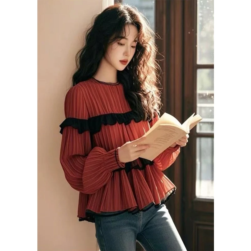 2025春秋新款法式红色木耳边衬衣女高级感轻奢减龄洋气衬衫上衣潮