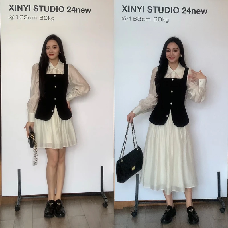 XINYI【情书】春季天丝衬衫裙+西装马甲显瘦气质两件套X624A00731