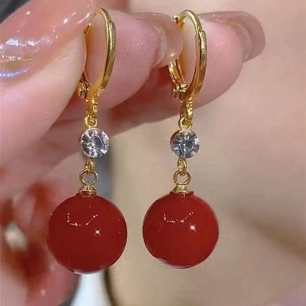 合金木质耳饰 新款潮复古红色珍珠耳扣式爆款高级感气质小众耳环
