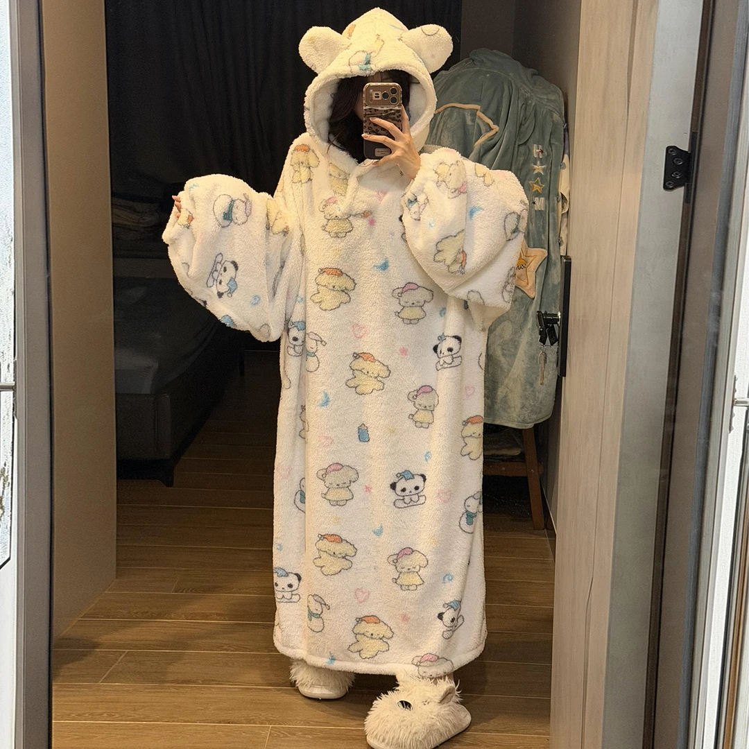 珊瑚绒睡裙女秋冬季中长款大码睡衣冬天加厚保暖长毛绒卡通家居服