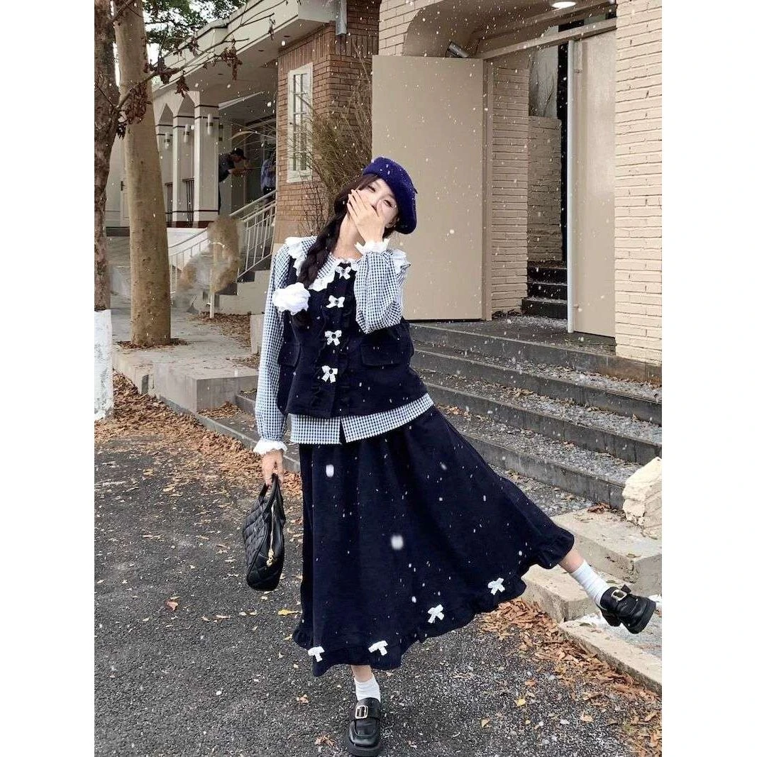 日系甜美娃娃领格子衬衫木耳边马甲半身裙2025春秋新款时尚套装女