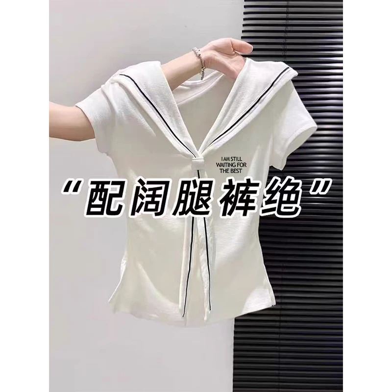 韩系甜美海军领假两件短袖T恤女夏季新款设计感小众修身显瘦上衣