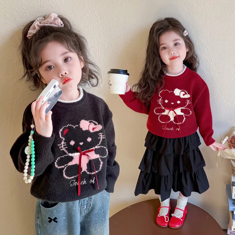 针织衫秋冬童装时尚冬季新款女童卡通蝴蝶结毛衣小女孩可爱舒适