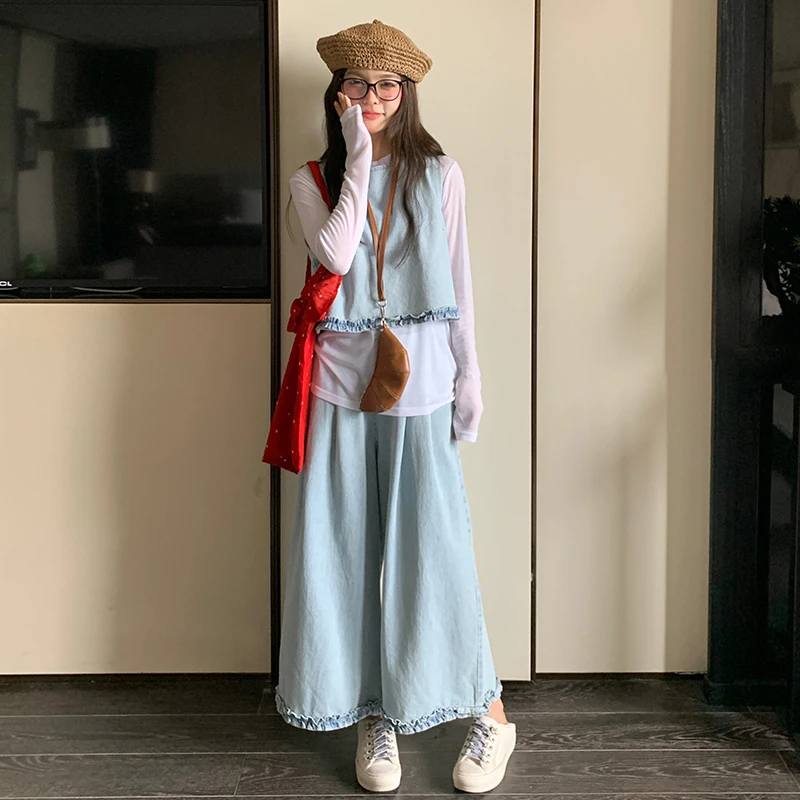 韩系春夏休闲穿搭一整套女2025新款洋气减龄设计感独特牛仔三件套