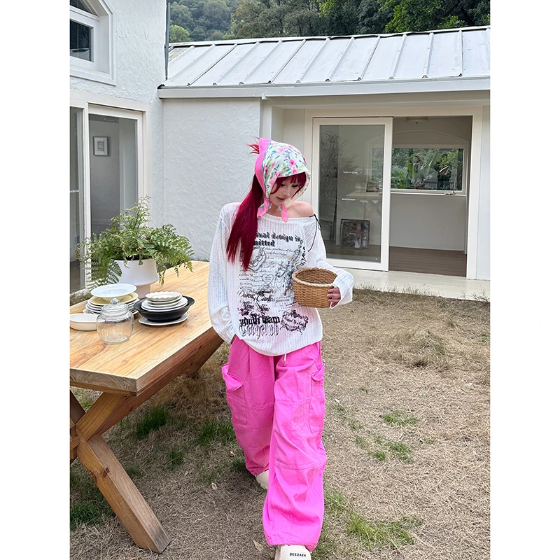 Sixminu小蚊子美式宽松斜肩T恤绑带防晒罩衫女可爱长袖一字领上衣