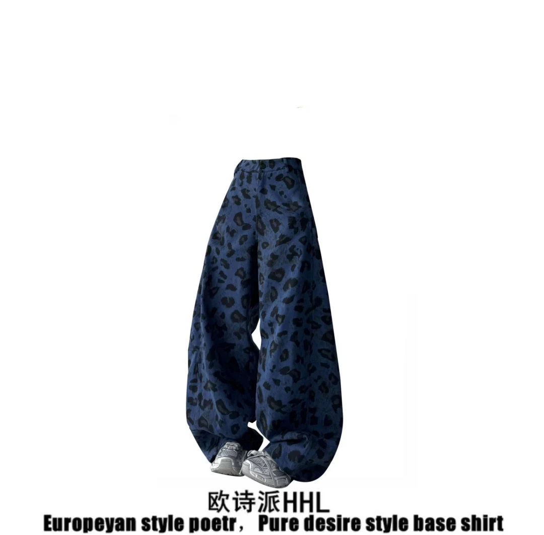 美式豹纹牛仔裤弯刀裤女2025秋季新款宽松显瘦百搭直筒阔腿休闲裤