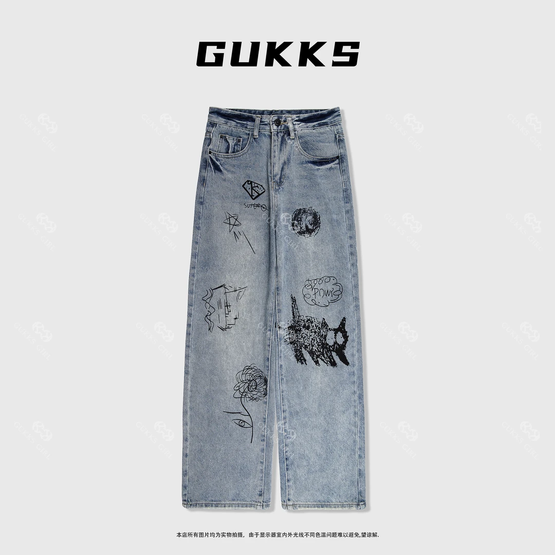 GUKKS『牛仔计划』2025夏季潮流涂鸦休闲直筒牛仔裤K1008