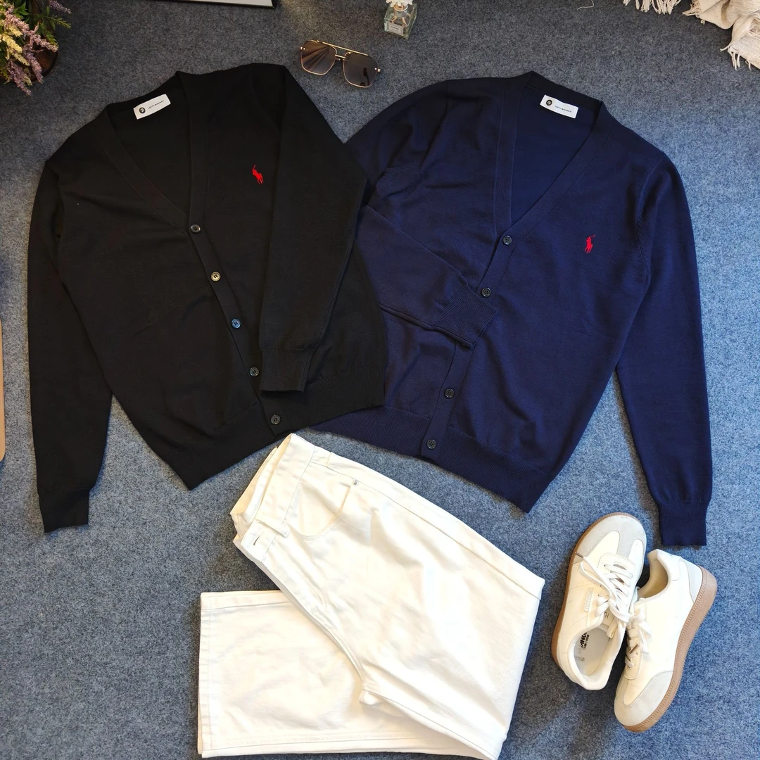 2025春秋季新款骑士刺绣男士开衫V领纯色针织衫修身红标夹克外套