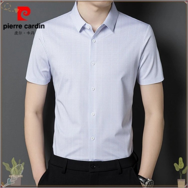 皮尔卡丹高端免烫高档男士短袖夏季冰丝无痕商务职业正装条纹衬IP