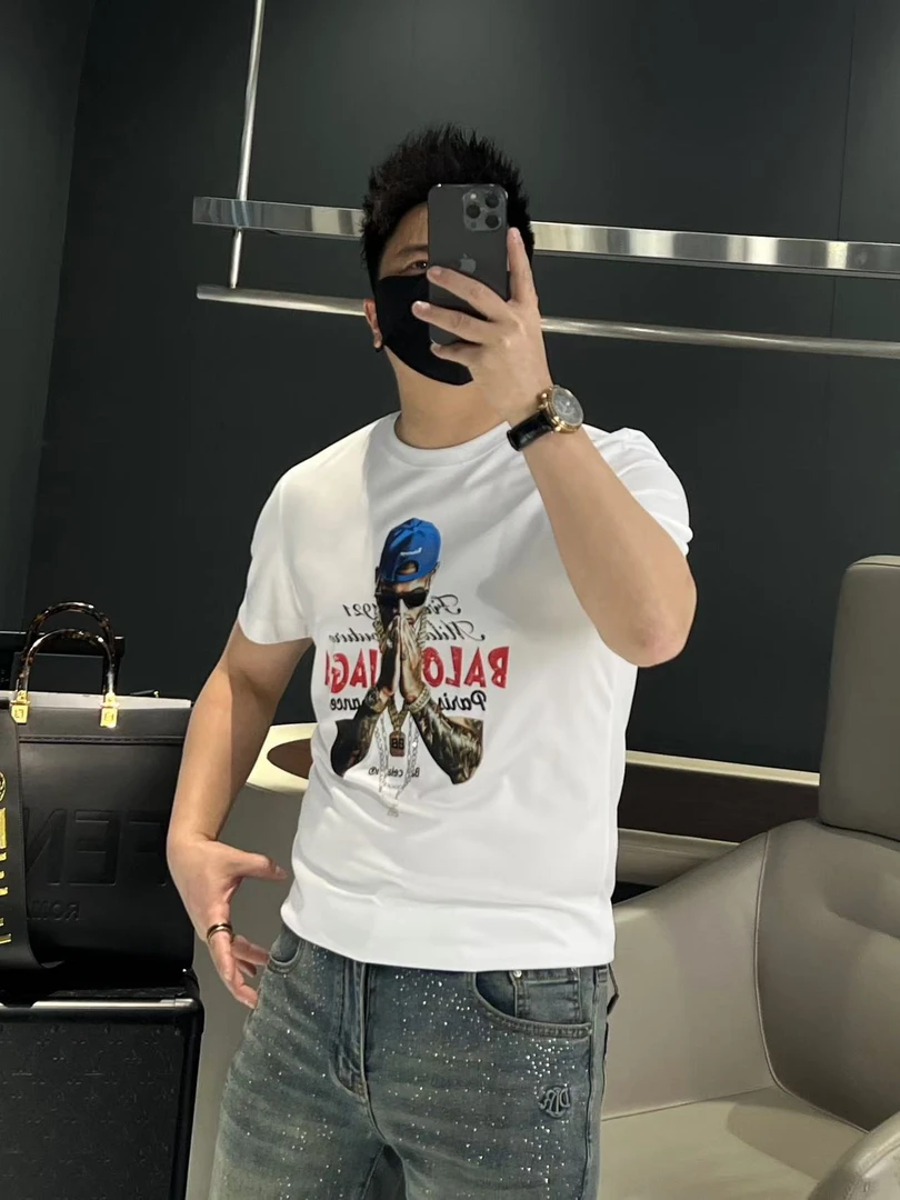 【马哥严选】2025时尚男装立体工艺高端印花薄款圆领短袖T恤修身