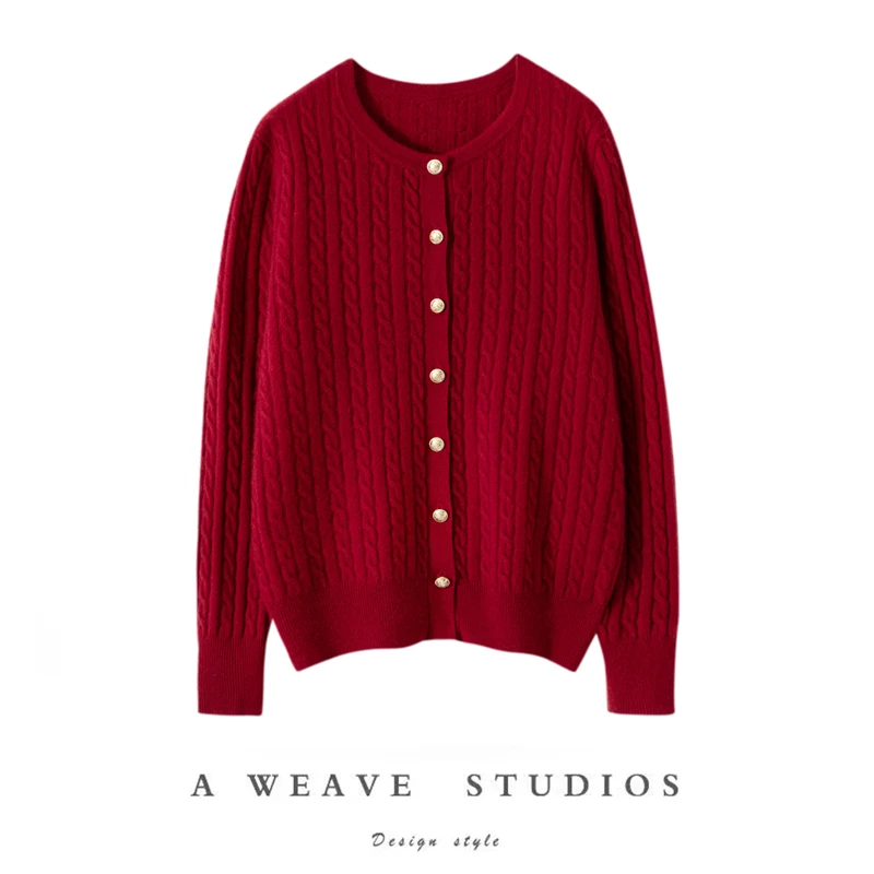 不可错过哇~山羊绒开衫女宽松加厚针织绞花系扣羊绒打底衫
