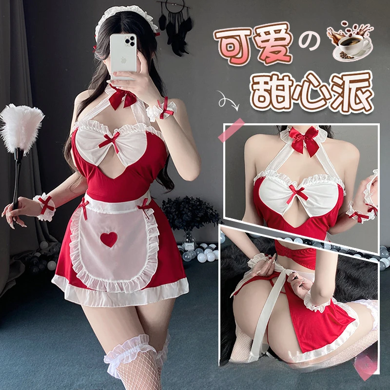日系公主俏皮女仆性感爱心肚兜式收腰白色睡裙连衣裙战袍lolita
