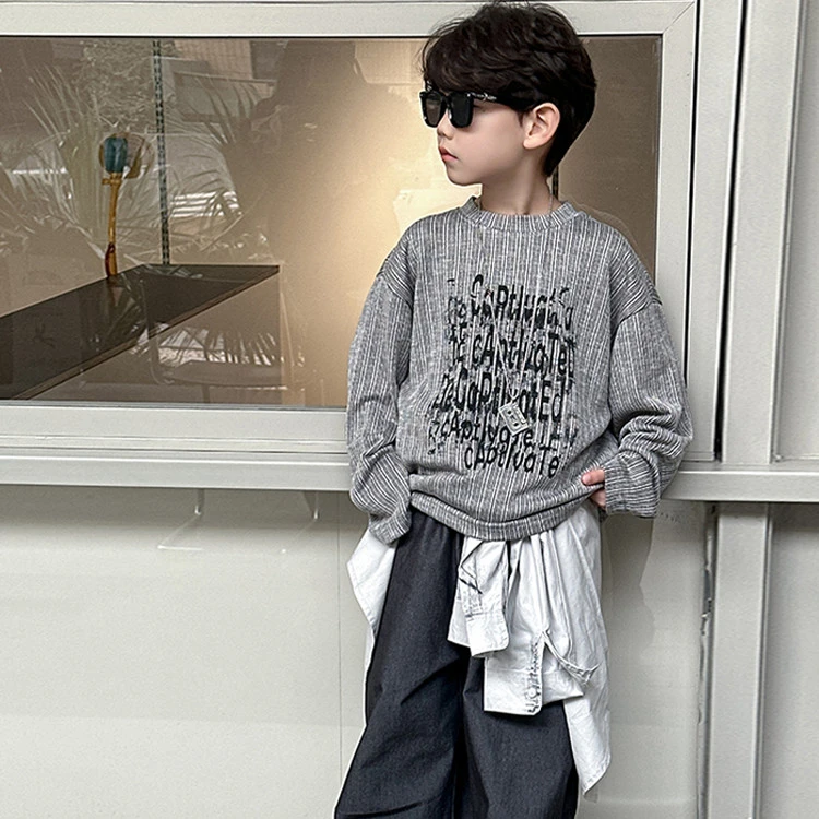 男童韩系帅气坑条卫衣儿童春秋款韩版时尚潮酷圆领T恤潮字母上衣