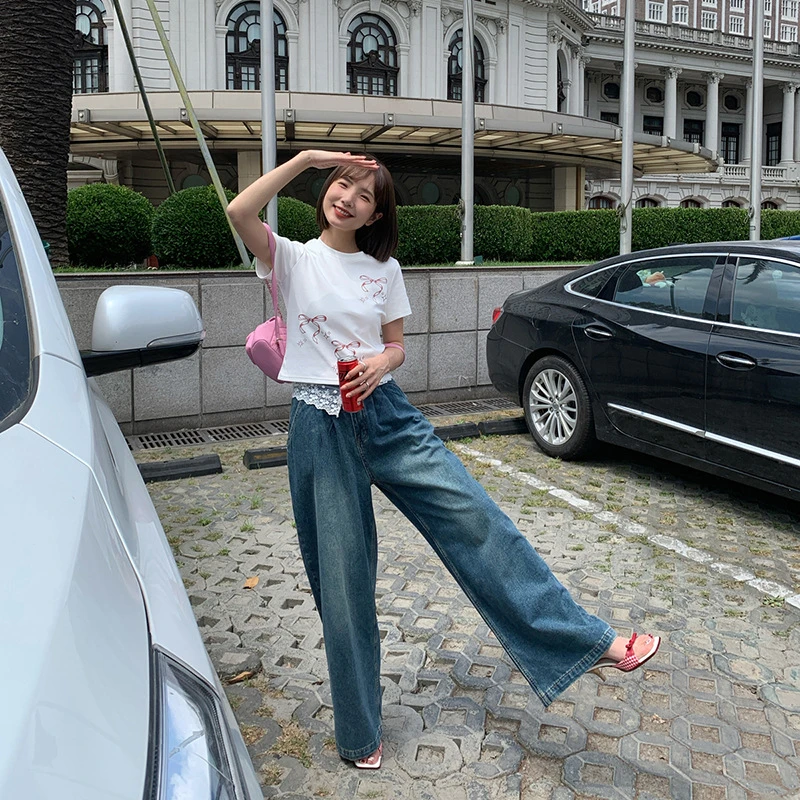 十三行夏天复古蕾丝拼接水洗高腰直筒牛仔裤女S1180