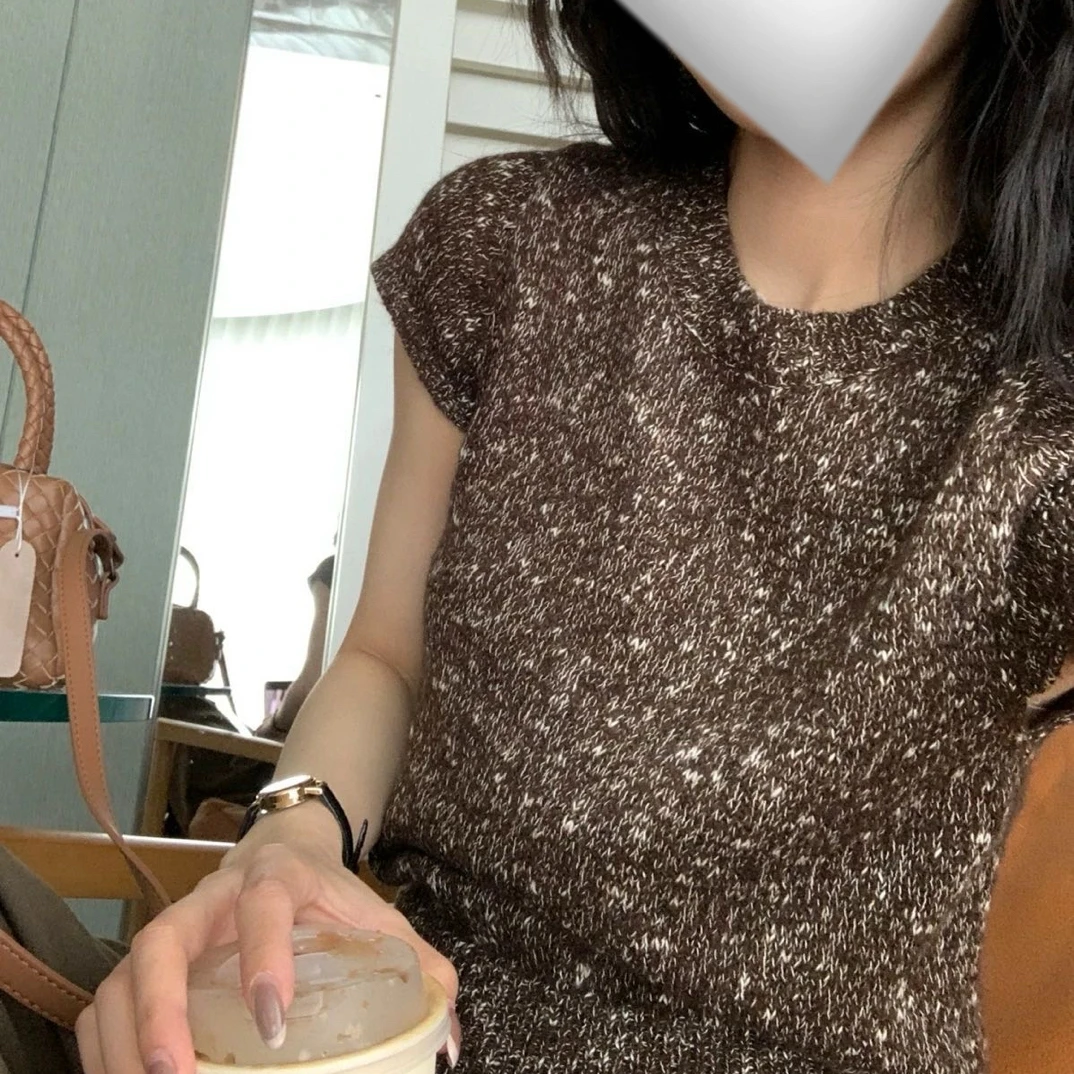 58129 韩系简约风杂色圆领短袖毛衣