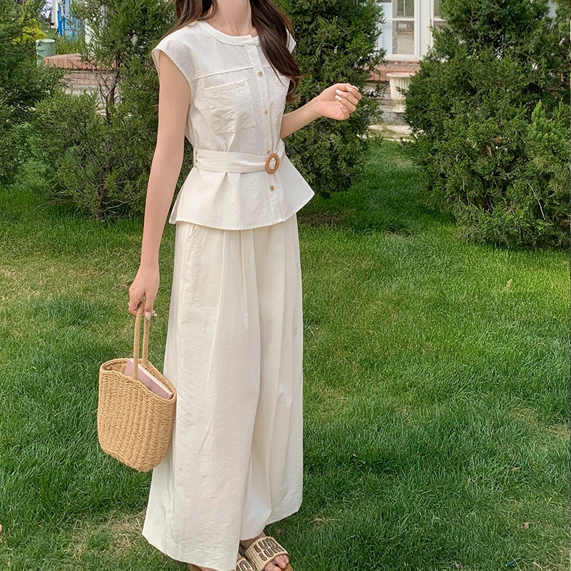 拉夏贝尔小香风无袖显瘦衬衫上衣+高腰垂感阔腿裤女装两件套韩版