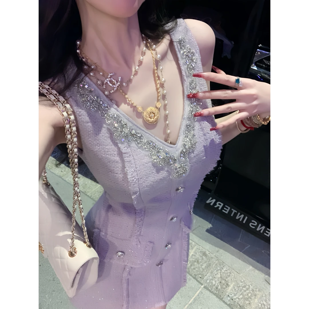 【雅乔定制】奥法庄园 V领镶钻含羊毛紫色小香连衣裙DYTH-24103612