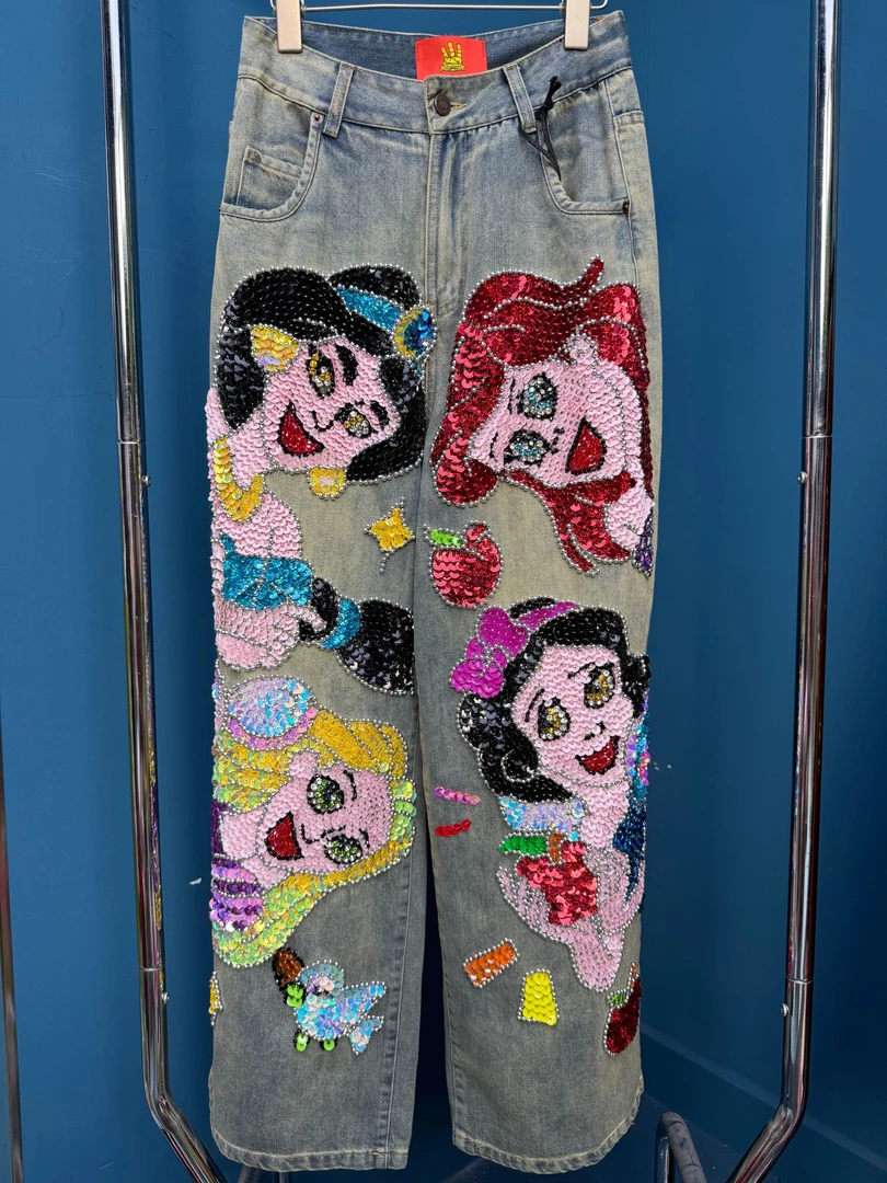 花花重工潮牌原创设计师纯手工亮片钉珠百搭休闲牛仔裤