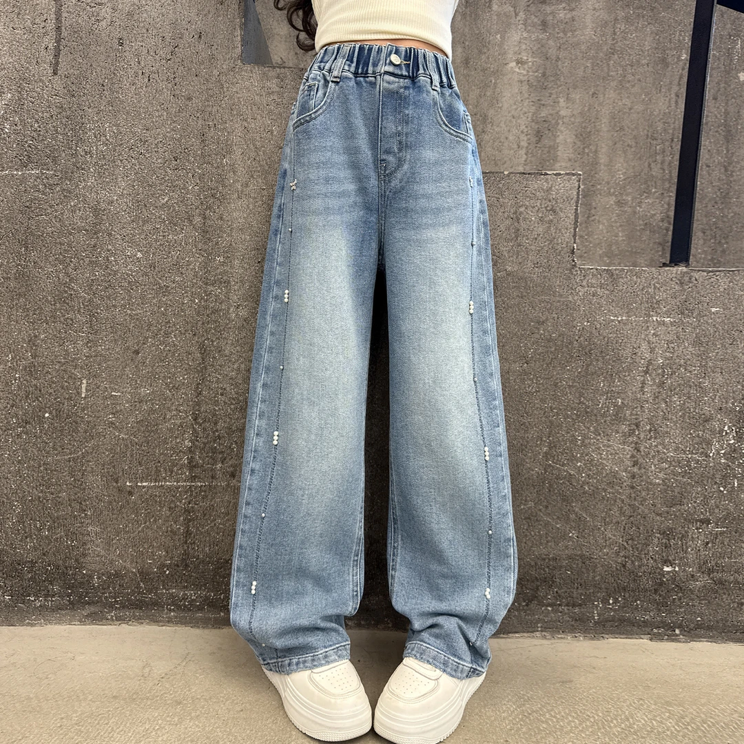 女大童牛仔裤春秋2025新款洋气儿童女孩直筒阔腿裤初中生秋装裤子