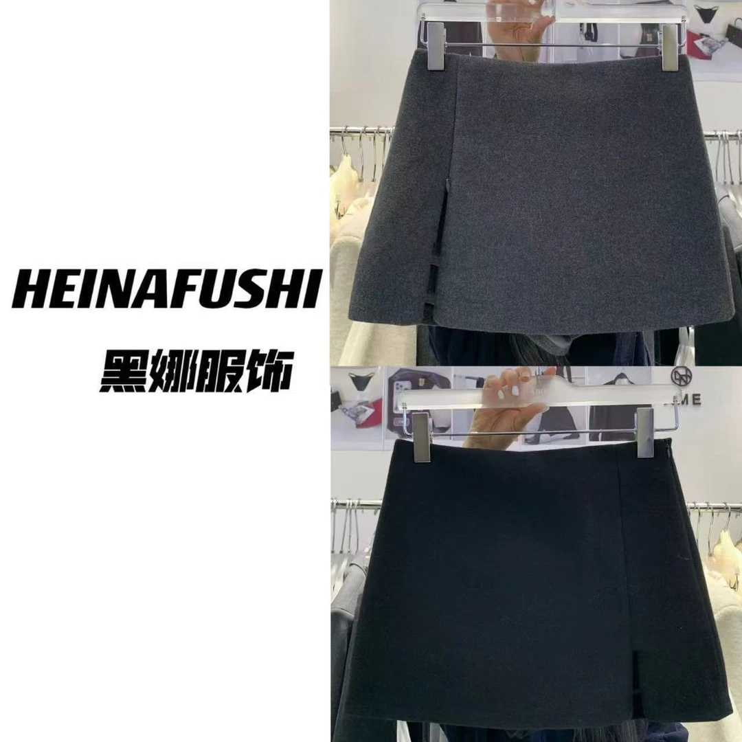 HEINA【韩式裙裤】侧拉链开叉毛呢裤裙5551