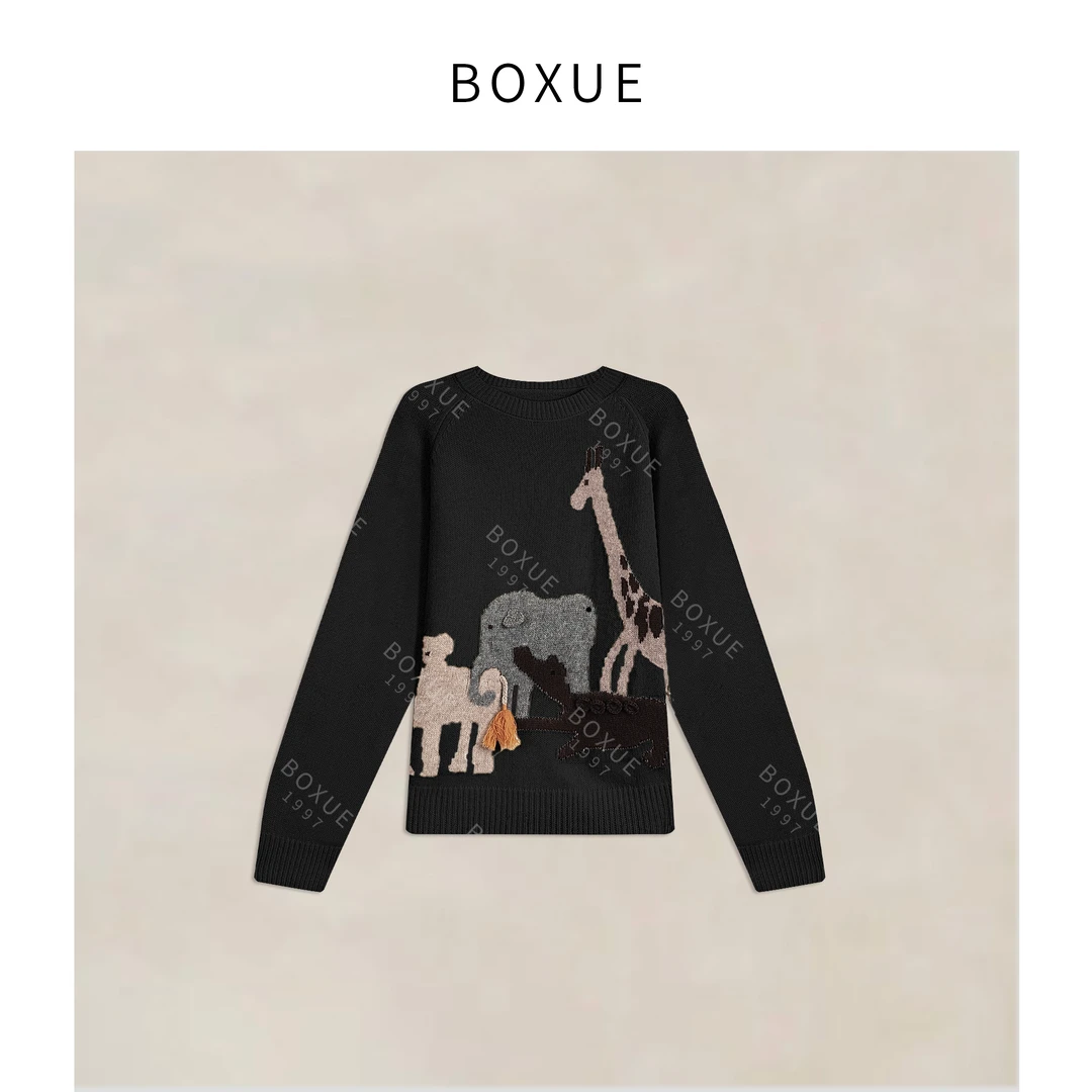 BOXUE“动物日记”2025秋冬绵羊毛动物图案针织 毛衣#251103MY6263