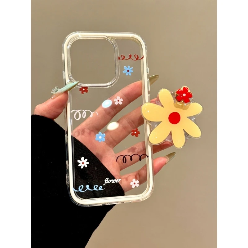 适用苹果iphone16promax花朵15pro透明支架14pro种草13全包手机壳