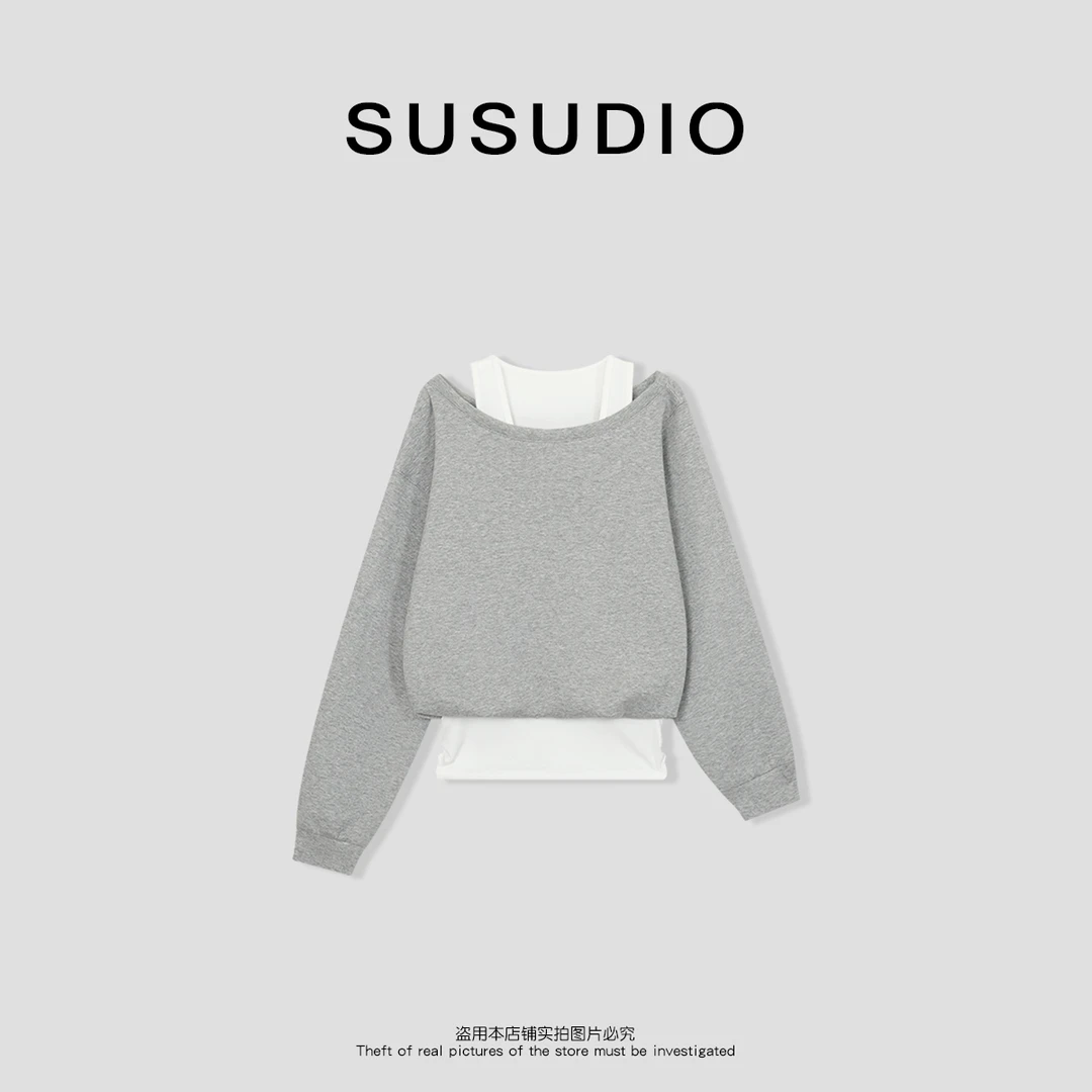 SUSUDIO 设计款双面料不易变形层次感假两件卫衣60002