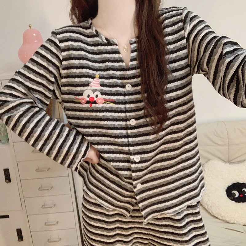 【带胸垫一体】韩系条纹睡衣女2025新款春秋季亲肤棉长袖家居服套装