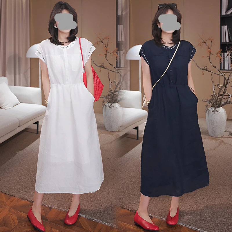 欧洲站2025夏季新款收腰显瘦温柔风法式撞色刺绣无袖背心连衣裙女