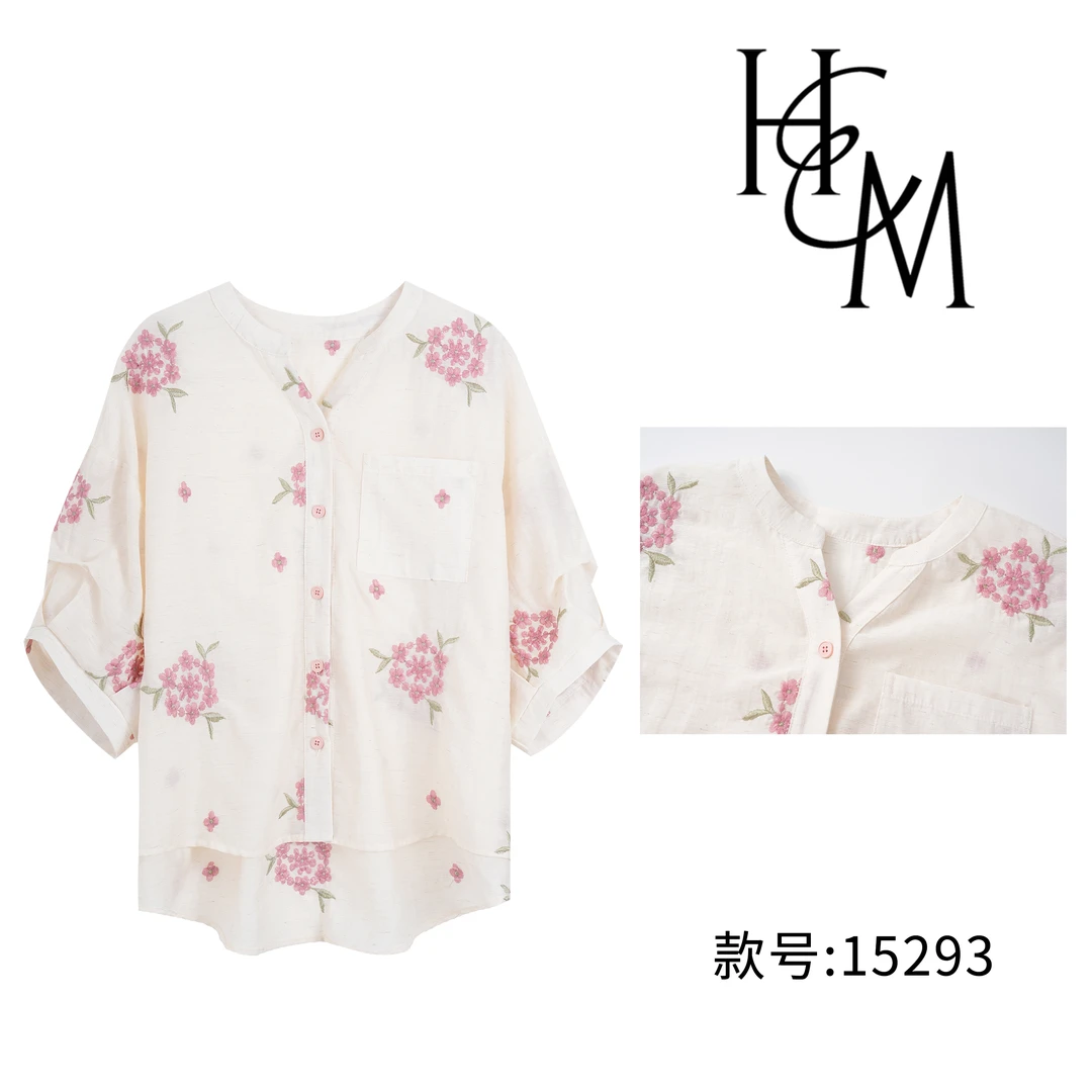 莱赛尔天丝夏季薄款刺绣花苎麻七分袖衬衫【15293】