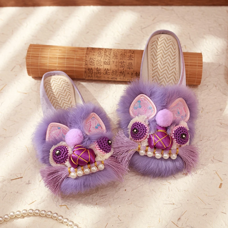 虎头鞋成人平底真兔毛牛筋底绣花鞋拖鞋中国风手工老北京布鞋女