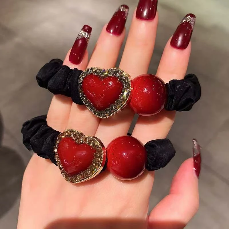 轻奢韩版红豆小肠发圈丸子头马尾发绳2025新款时尚发圈红色头绳女