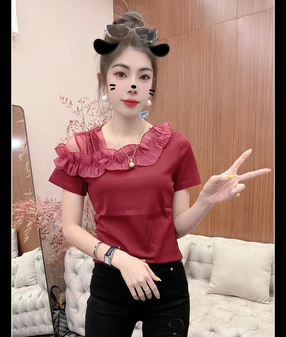 月月家，夏季百搭洋气时尚显瘦修身气质短袖上衣2513