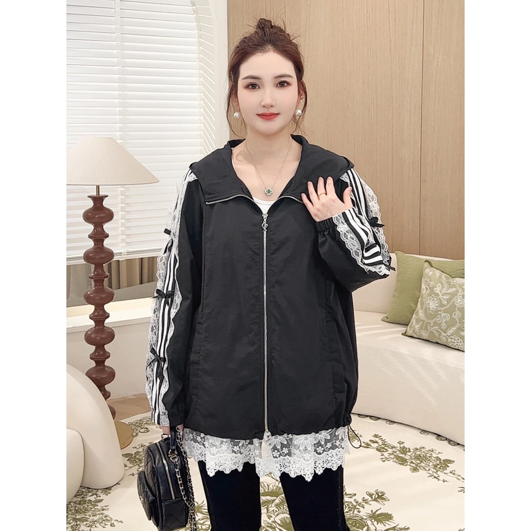 【蝴蝶结蕾丝拼接外套】MsShe大码女装2025新春甜美连帽S~E2502032