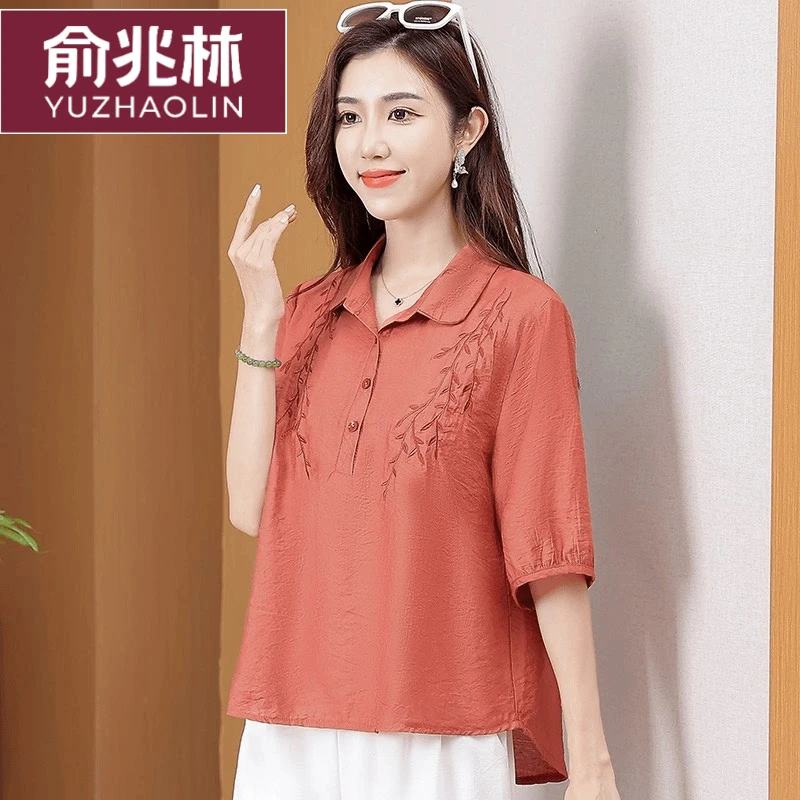 俞兆林夏季新款气质洋气时尚百搭翻领恤遮肚中年妈妈装短袖衬衫