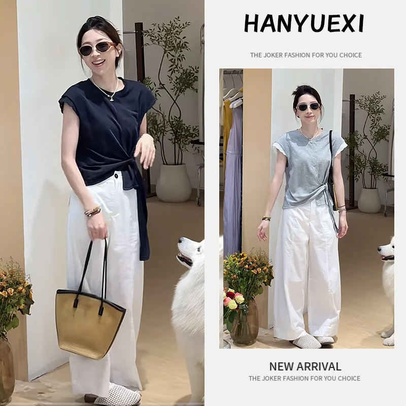 夏季时尚一整套女装2025新款设计感绑带短袖上衣百搭休闲裤两件套