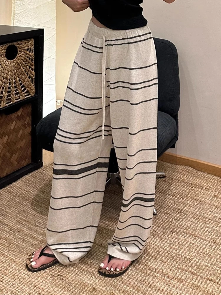 【DMXJ大梦想家】慵懒风条纹长裤睡裤女夏季款高腰阔腿裤家居休闲裤