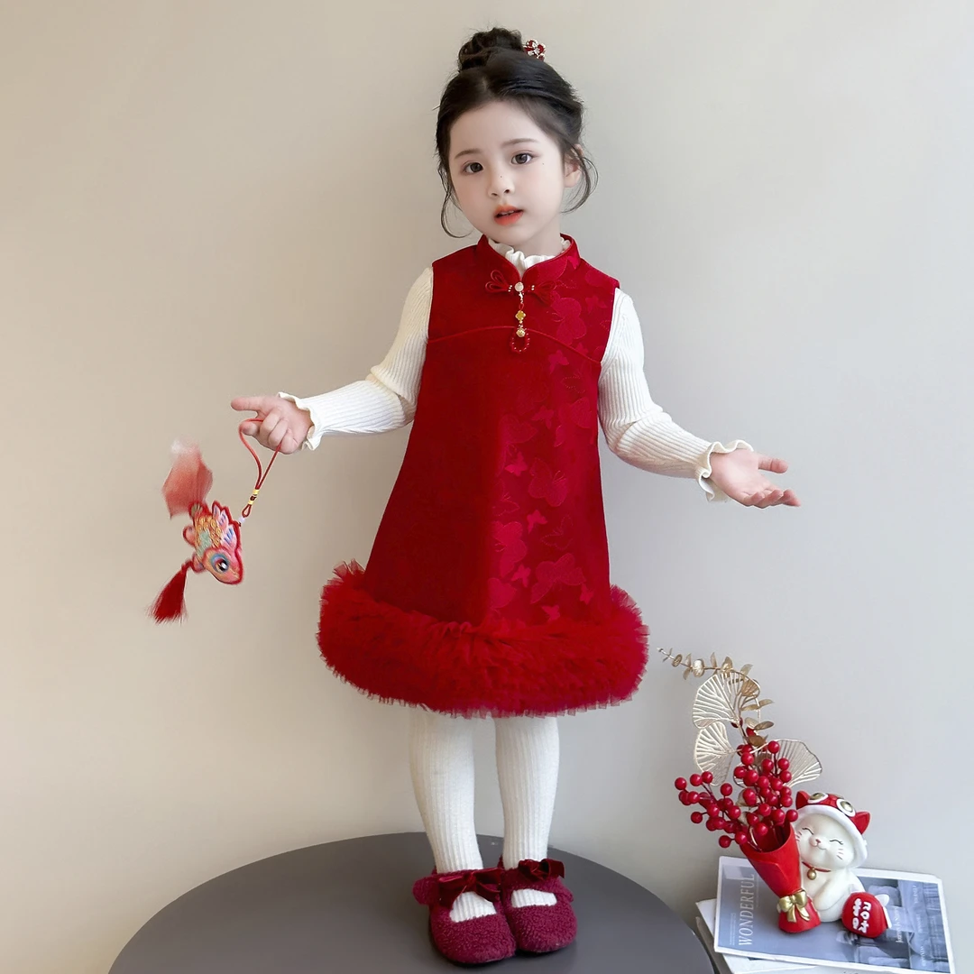 女童新中式旗袍裙秋冬拜年服儿童洋气国风女宝宝红色公主新年衣服
