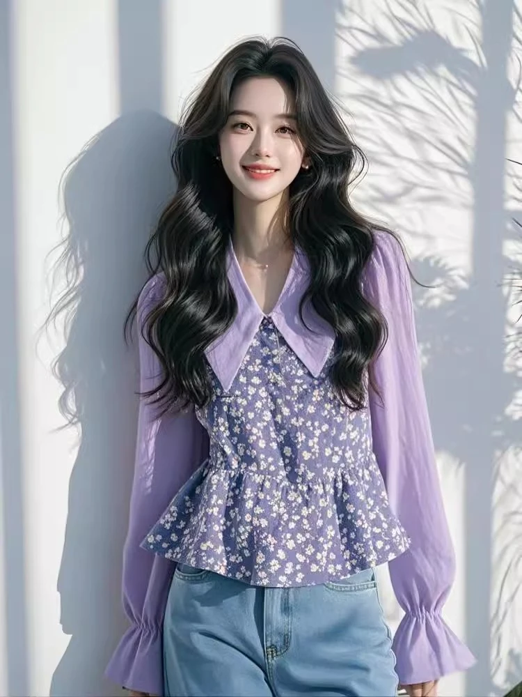 2025春季今年流行减龄休闲百搭气质高级感翻领紫色碎花拼接衬衫女