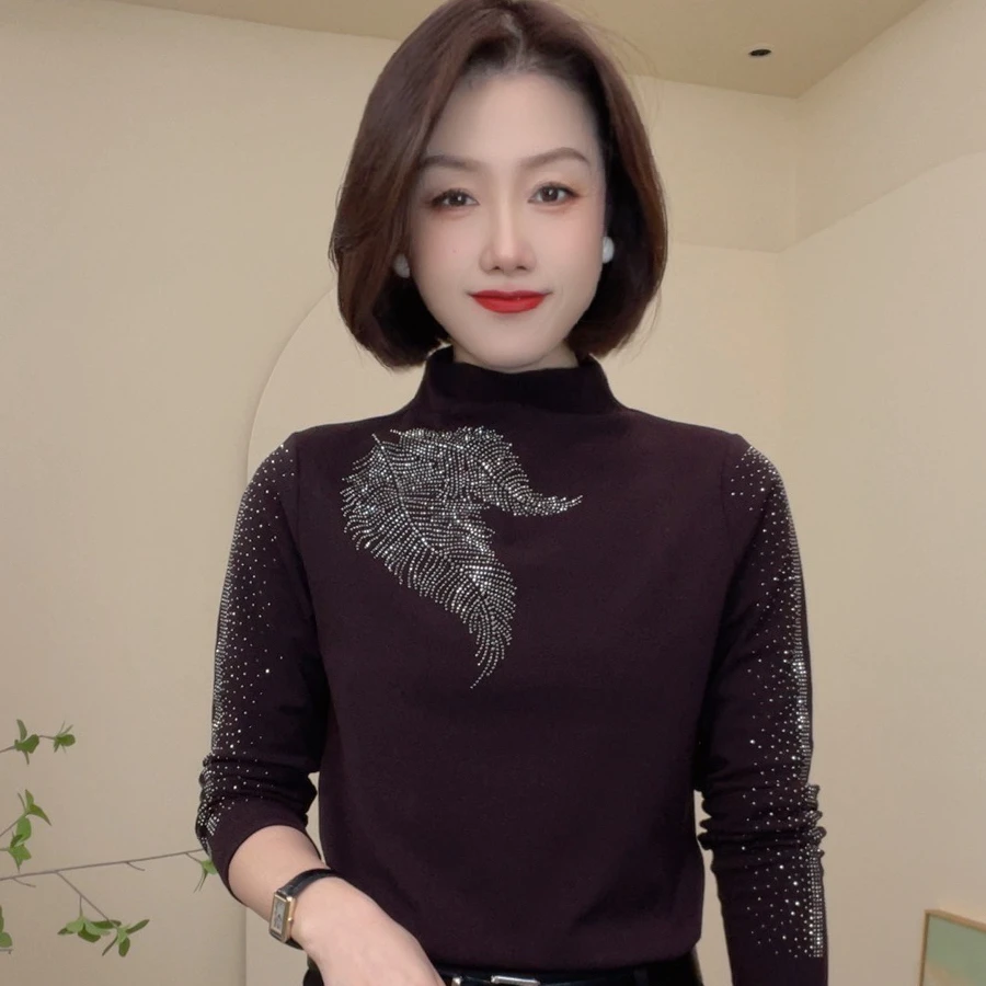 秋冬新款半高领洋气时尚百搭烫钻T恤设计感长袖气质简约女士小衫