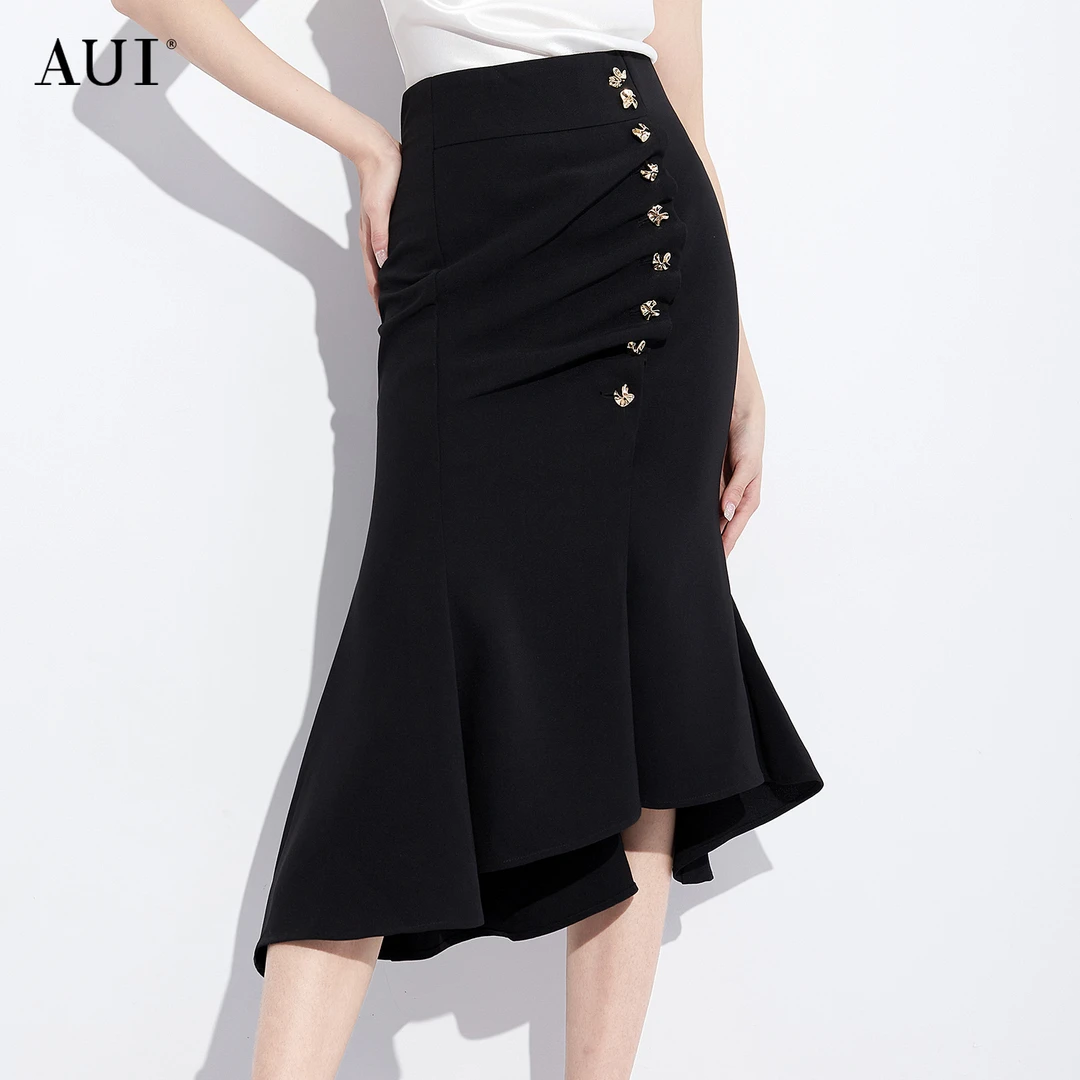【诗语专属】AUI黑色御姐气质半身裙女高腰鱼尾中长裙-23C142221